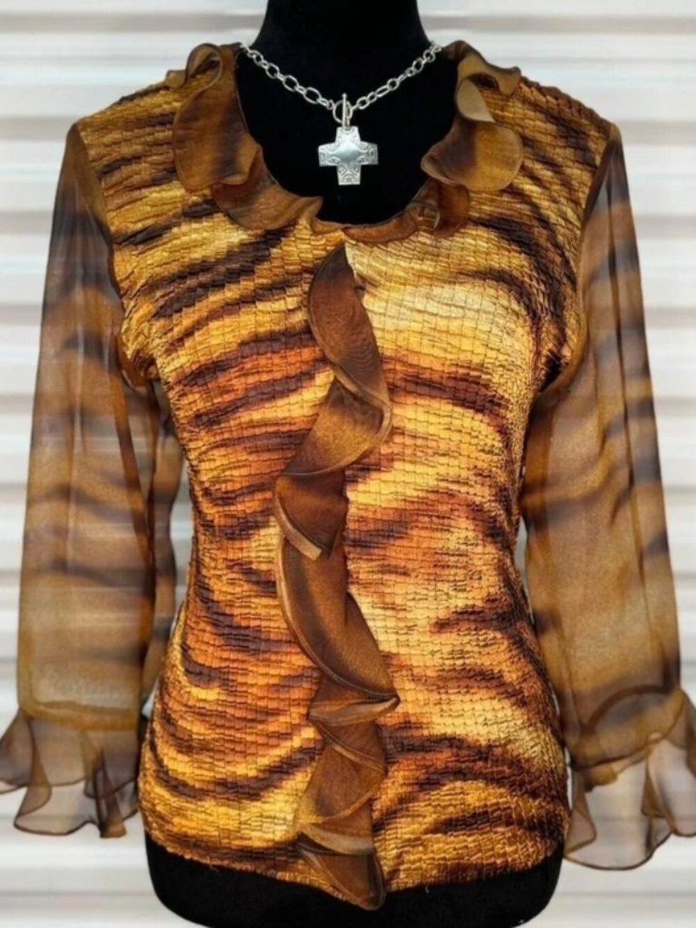 Vintage 90s tiger print ruffle blouse with sheer sleeves